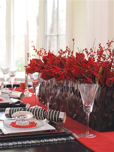 Chemin de table de Noël champêtre en tartan rouge et passementerie